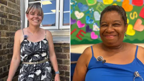 Two women side by side: one standing in front of a brick wall wearing a black and white palm tree-patterned dress, and the other sitting against a colorful background with heart shapes, wearing a blue vest top.