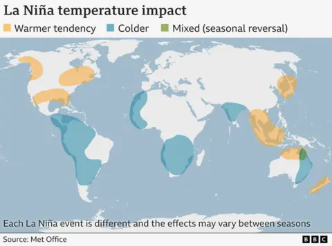 Map of typical effects of La Niña episodes on temperature patterns for each region. Key trends include cooler temperatures in South America and western and southern Africa. 