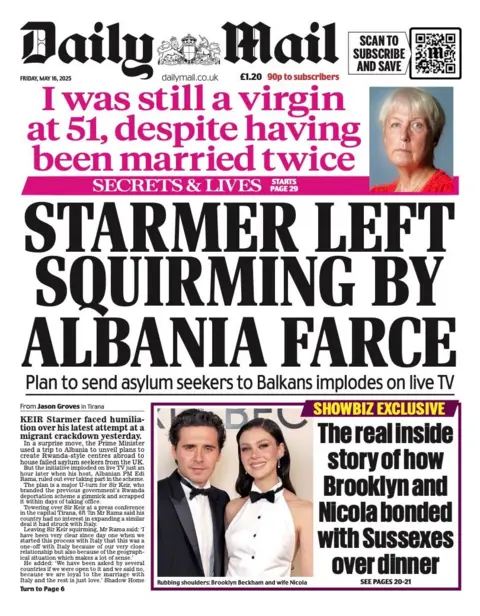 The headline on the front page of the Daily mail reads: "Starmer left squirming by Albania farce".