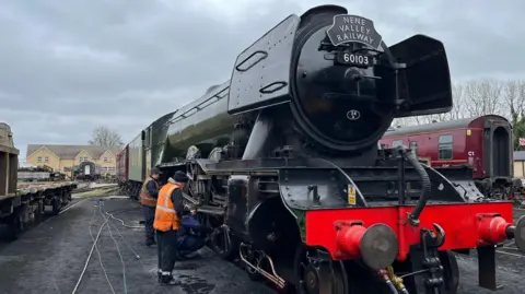 Black and green steam engine parked on the railway tracks 