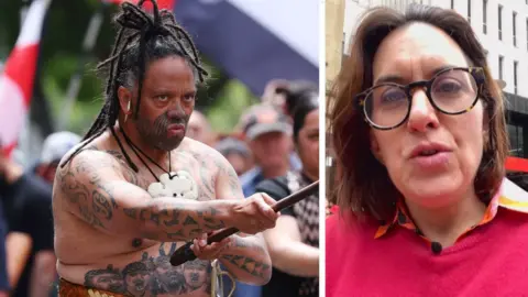 Split screen of Māori man and reporter