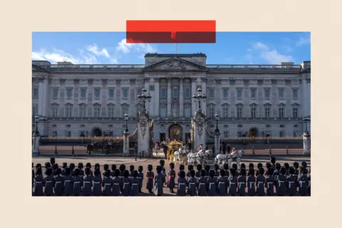 Getty Images Members of the King's Guard line up outside Buckingham Palace as King Charles III and Queen Camilla depart in the Diamond Jubilee State Coach 