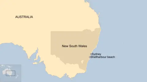 Map showing the south-east of Australia, with New South Wales highlighted. On the east coast, the locations of Sydney and - just further south - Shellharbour beach are marked