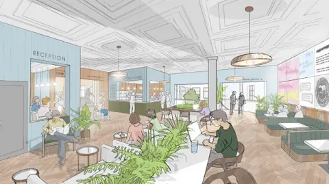 Cambridge City Council An artist's impression of how the public area of the Guildhall could look. Tables and chairs have been set up while there is a reception desk.