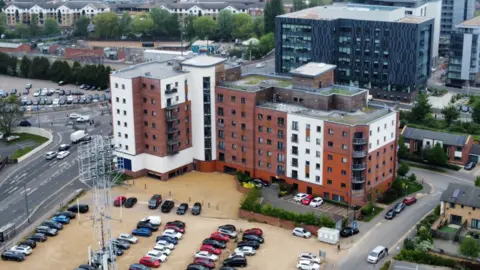 Qays Najm/BBC Aerial view of flats in Peterborough 