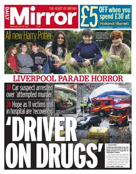 "'Driver on drugs'" reads the headline on the front page of the Daily Mirror.