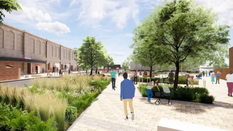 Artist's impression of how the entrance to Carlisle's railway station will look - there is a wide paved area along with landscaping.