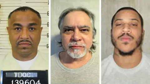A collage of mug shots for US inmates Anthony Darrell Hines, Carlos Cuesta-Rodriguez, and Jeremy Williams, who are scheduled to be executed on Thursday.
