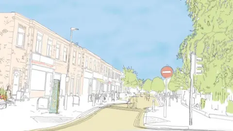 An artist's impression of how Acomb Front Street in York will look, including shops, trees and a zebra crossing.