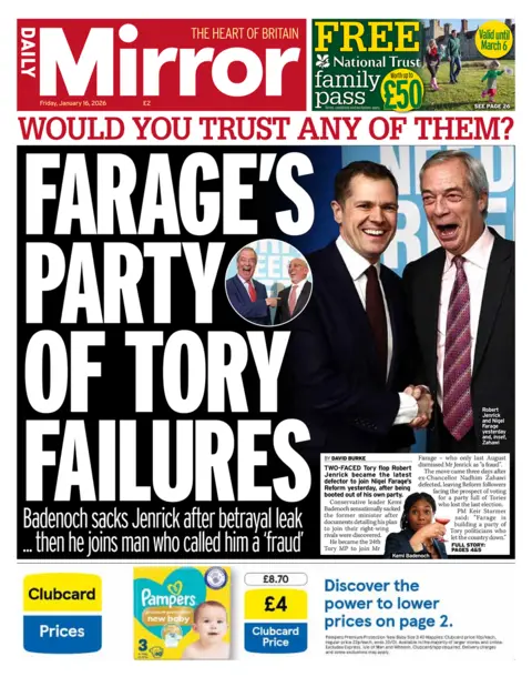The headline on the front page of the Daily Mirror reads: "Farage's Party Of Tory Failures."