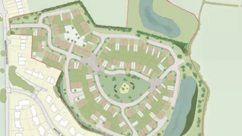 Iceni Projects A an artist's impression of an aerial view of the proposed layout of a housing estate.