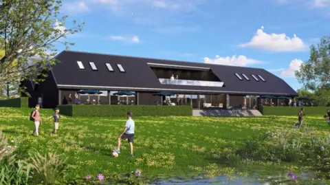 Padel Maidenhead Artist’s impression of a modern racquets club building with a dark pitched roof, set in landscaped green space with people walking and playing, trees, and a pond in the foreground.