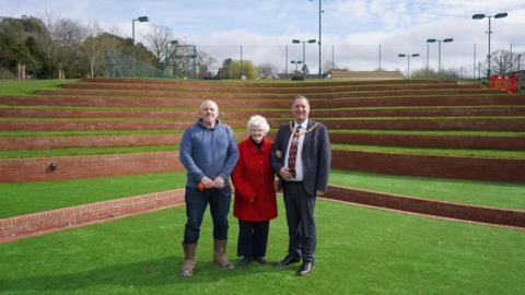 Neil Pearce, chairman of The Lenches Amphitheatre Company with Cllr Robert Raphael, chairman of Wychavon District Council and his Consort Diana Raphael