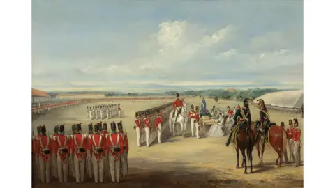 DAG This oil on canvas by Henry Martens (1828–60) shows the Bombay Fusiliers regiment receiving medals from the commanding officer’s wife. Oil on canvas, c. 1853
