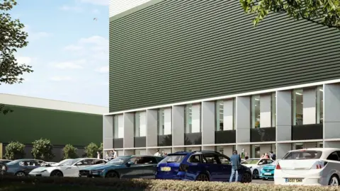 DHL An artist's impression of a green and white warehouse building, with ground-floor windows and a car park outside with some trees. There are cars and people in the foreground.