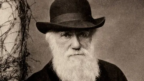 Cambridge University Library A black and white grainy image shows the face of Charles Darwin. He has a long, white bushy beard and moustache and is wearing a black hat.