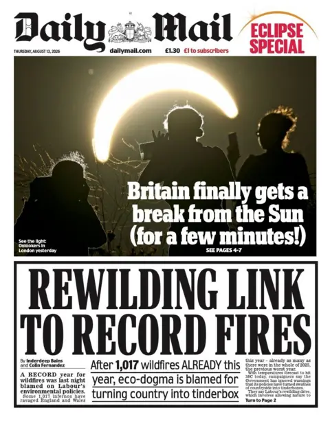 The headline on the front page of the Daily Mail reads: "Rewilding link to record fires."