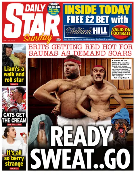 Daily Star front page with edited pictures of men in just towels and flexing their muscles and looking sweaty. It has the headline "Ready Sweat... Go".