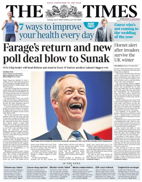 Farage's return and a new poll deal blow to Sunak, reads the front of the Times