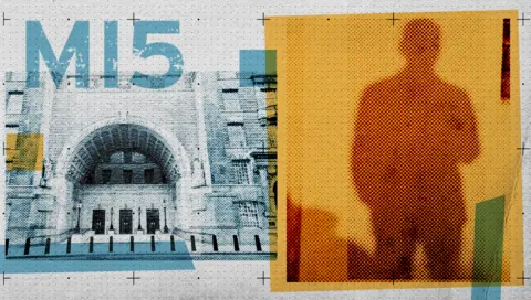 BBC Composite styled image of a shadowy figure, with an orange box around him. The letters MI5 are prominent in the top left of the frame. And the exterior of Thames House in London is also pictured with a light blue colour wash.