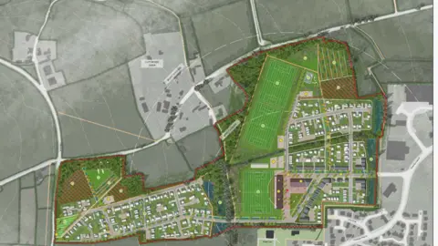 CliftonEmery Design An aerial map illustration of the site showing the houses in two blocks either side of the new sports pitches