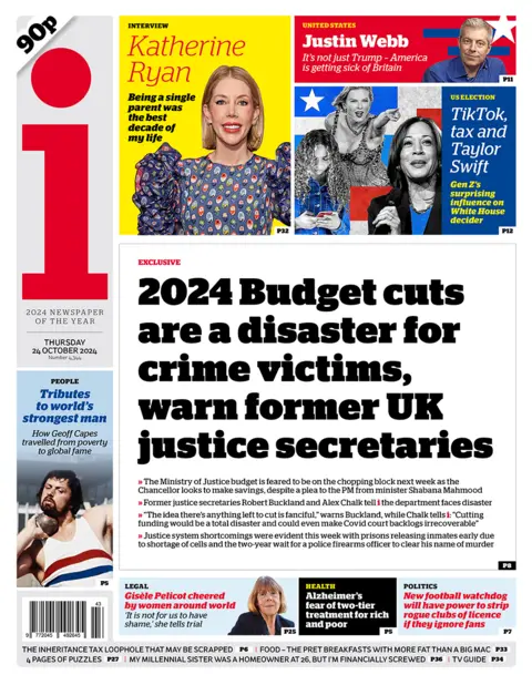 The headline in the i reads: "2024 Budget cuts are a disaster for crime victims, warn former UK justice secretaries". 