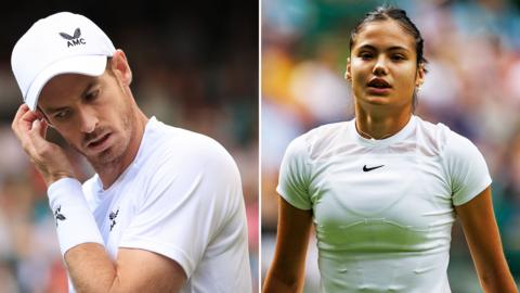 Split image of Andy Murray and Emma Raducanu during their second-round defeats at Wimbledon 2022
