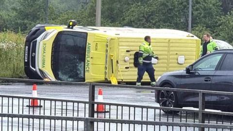 Overturned ambulance at Switch Island, Merseyside