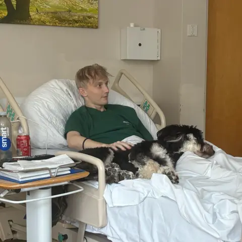 family handout a teenage boy in a hospice bed with a dog lying on his lap