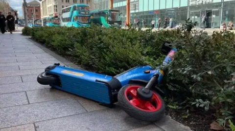 An image of an e-scooter on its side in a bush. 
