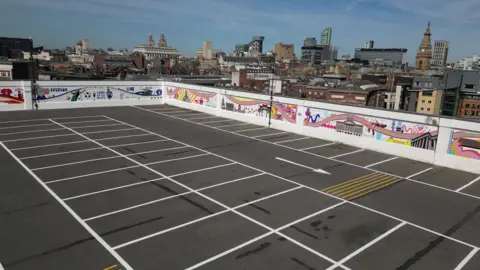 LJMU Car park with mural showing Liverpool skyscape