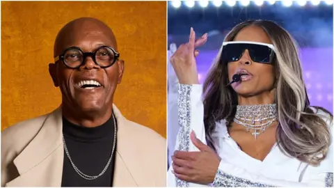 A split image of Samuel L Jackson smiling and Ciara performing