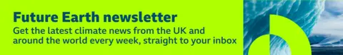 Thin green banner promoting the Future Earth newsletter with the text: 'Get the latest climate news from the UK and around the world straight to your inbox every week.' There is also a graphic of an iceberg overlaid with a green circular pattern