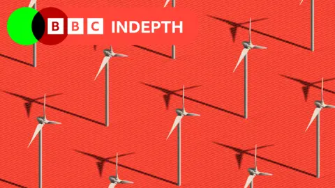 Wind turbines on a red background