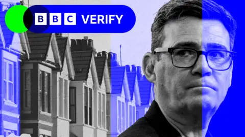 A black and white and blue image showing a close up of Andy Burnham and a row of houses with a BBC Verify blue logo 