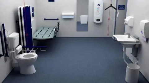 Closomat A changing room with a blue floor - with a white toilet, a blue and white hoisting bed, a white bin and sink and a mirror.