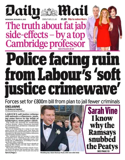 The headline on the front page of the Daily Mail reads: "Police facing ruin from Labour's 'soft justice crimewave'."