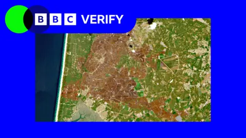 A satellite image showing wildfire burn marks across a large area of land in south-western France near Bordeaux