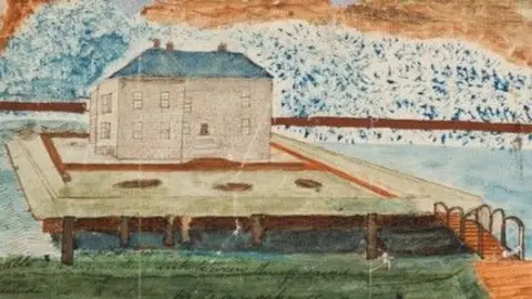 A patient painting showling a building at the end of a pathway a boat sailing close to it