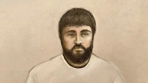 PA Media An artist's sketch of Kyle Clifford during a court hearing. He is wearing a light coloured jumper and has dark hair and a beard.