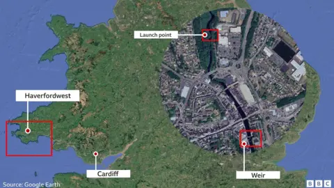 Map of Haverfordwest and the western River Cleddau through the town, including the weir where the paddleboarders came to grief