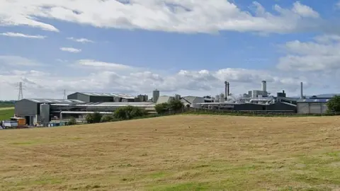 Omega Protein's factory in Penrith, Cumbria. Fields surround the factory which is made up of numerous buildings.