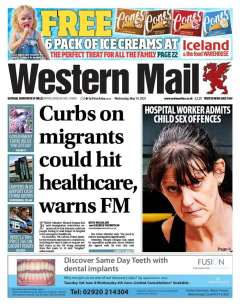 Western Mail Western Mail newspaper front page shows main headline next to a photo of a woman with dark hair: Hospital worker admits child sex offences. Other headlines on the front page are: Curbs on migrants could hit health warns FM. At the bottom there is an advert for dentures, with a photo and caption reading discover same day teeth with dental implants