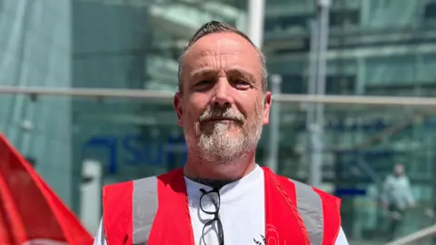 Joao Santos A man looking at the camera wearing a bright red jacket over a white top. A glass building is in the background.