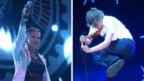 Two pictures side by side, On the left is Fergie from the Black Eyed Peas, who has long brown hair tied in corn rows and holding a microphone aloft. On the right is Ricky Wilson jumping in the air with his legs tucked up beneath him while clutching a microphone stand. He is wearing a white shirt and orange tie with dark trousers.