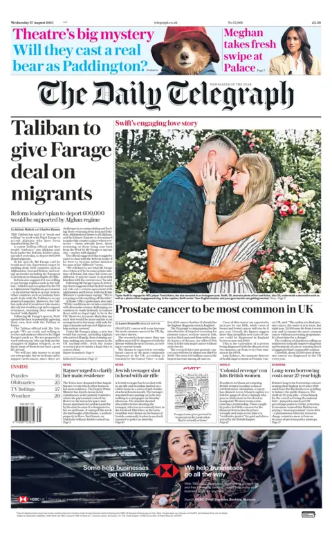 The headline on the front page of the Daily Telegraph reads: "Taliban to give Farage deal on migrants".