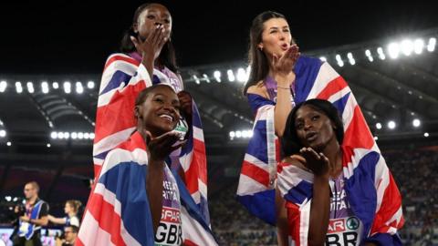 Great Britain's women's 4x100m quartet celebrate European gold
