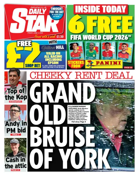 "Cheeky rent deal: Grand old bruise of York," reads the Daily Star's headline on its front page. 