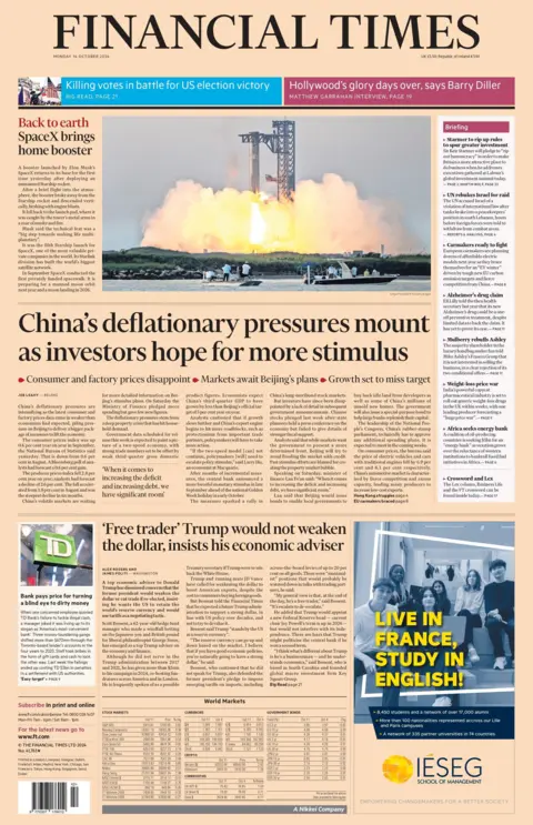 A manchete do Financial Times diz: "As pressões deflacionárias da China aumentam à medida que os investidores esperam por mais estímulos".