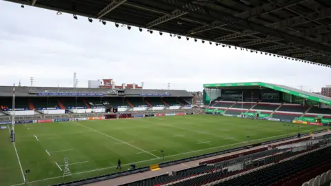 A view of the empty pitch from a stand at the Tigers stadium, with the Breedon Stand shown
